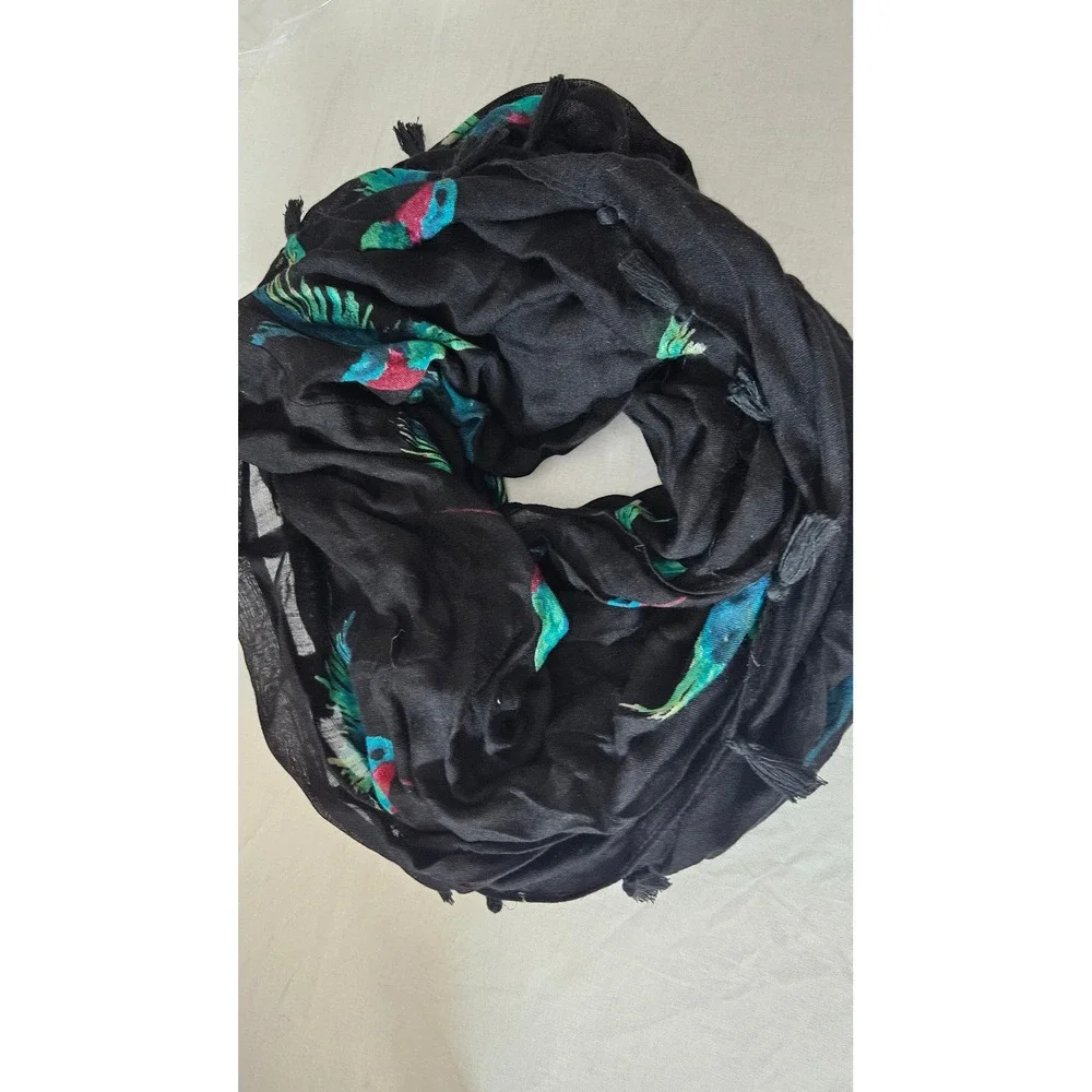 Lane Bryant Hummingbird Print Scarf Black Viscose Tassel Trim Lightweight Wrap